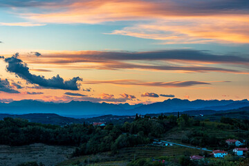 Colorful sunset in the vineyards at the border between Italy and Slovenia