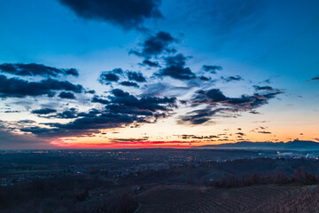 Colorful sunset in the italian vineyards