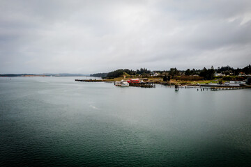 Empire Dock in Coos Bay, Oregon, aerial panorama. 