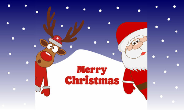 Merry Christmas. Funny reindeer, Santa Claus in a Christmas snowy landscape, decorative element for the holiday
