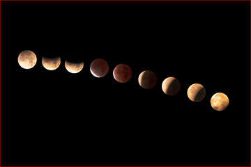 Composite of partial (nearly total) eclipse of the blood, Beaver Moon unfolding over a period of more than four hours the morning of November 21, 2021, viewed from Montgomery County, MD, USA