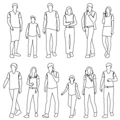 Vector silhouettes of  men, women and teenagers, pen line, a group of standing and walking business people,  linear sketch, black color, isolated on white background