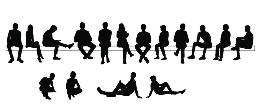 Vector silhouettes of  men, women and teenagers, a group of sitting on a bench  business people, profile, black  color isolated on white background