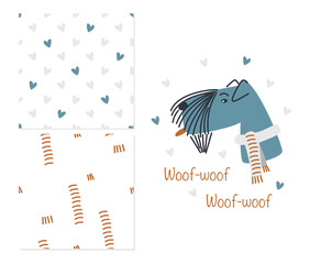 Cute dog in a scarf. Two simple seamless patterns for childish clothes, surface design. Vector illustration.
