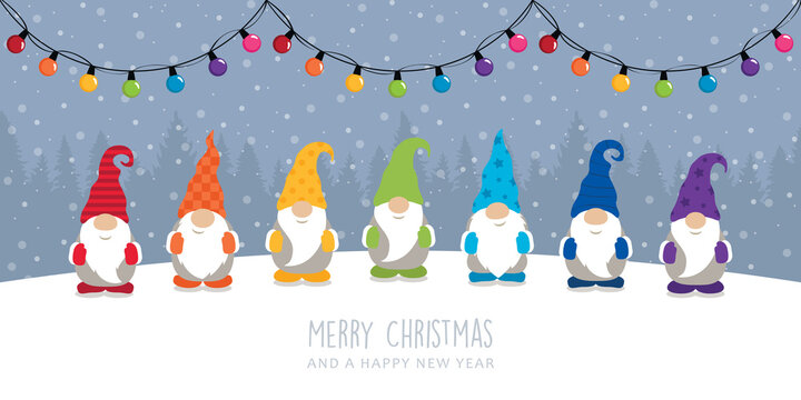 christmas greeting card with cute christmas dwarf in rainbow colours