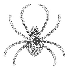 Vector infectious spider icon mosaic of contagious microbes. Spider collage is done from infectious elements, parasites, microbes, spores, contagious agents, and based on spider icon.