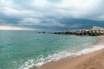 Seaside of Mediterranean sea, autumn Barcelona 2021