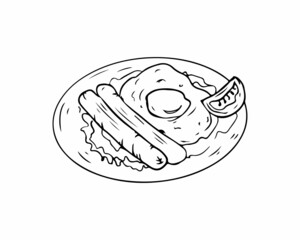 Eggs with sausages on a plate in the style of vector graphics, sketch. Breakfast icon, logo. Vector illustration