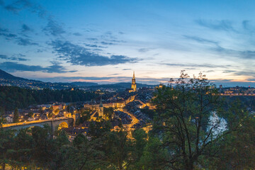 Sun setting on top of the hill overlooking the city, Bern, in Switzerland