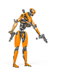 droid soldier is shooting down in action and holding a pistol