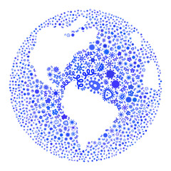 Vector infectious world globe icon composition of contagious microbes. World globe collage is done from infectious elements, parasites, microbes, spores, contagious agents,