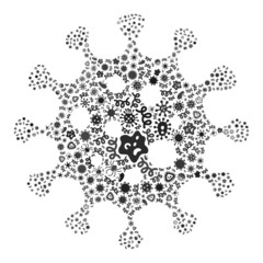 Vector infection virus cell icon collage of contagious microbes. Virus cell collage is designed from virus elements, parasites, microbes, spores, contagious agents, and based on virus cell icon.