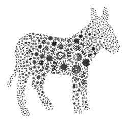 Vector virus donkey icon collage of contagious items. Donkey mosaic is constructed of virus elements, parasites, microbes, spores, contagious agents, and based on donkey icon.