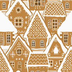 gingerbread houses on a caramel background. Seamless pattern. Christmas background. Gingerbread village. Vector illustration