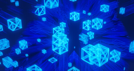 Render with blue blurred background with cubes, soft focus