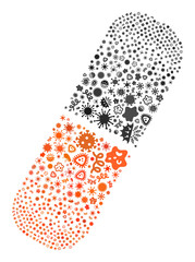 Vector infection medication capsule icon collage of contagious microbes. Medication capsule collage is designed of virus items, parasites, microbes, spores, contagious agents,