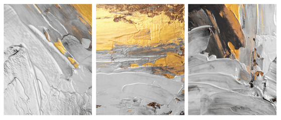 Art acrylic and watercolor smear blot painting. Interior abstract triptych. Black, white and gold...