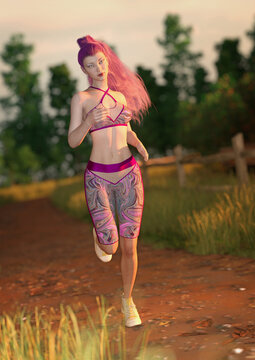 A 3d digital render of a young woman with pink hair and exercise outfit, joggin around a dirt track in the country.