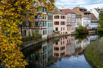 Obraz premium Strasbourg, France, October 31, 2021, Half-timbered houses, beams forming the framework of a wall