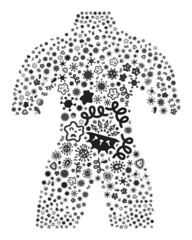 Vector infection body icon collage of pandemic items. Body collage is formed of infection items, parasites, microbes, spores, contagious agents, and based on body icon.