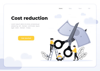 Small people with scissors cutting dollar together. Vector flat illustration of rate cut. Financial concept of cost reduction. Glassmorphism landing page concept. - obrazy, fototapety, plakaty