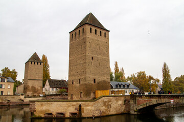 Fototapeta na wymiar Strasbourg, France, October 30, 2021, The covered bridges of Strasbourg are three bridges spanning the Ill in the heart of Petite France.