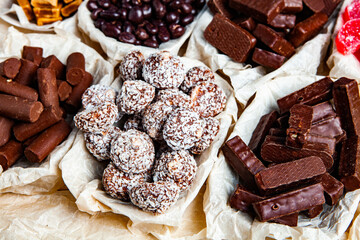 Assortment of delicious chocolate candies background. Chocolate candy isolated 