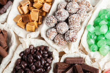 Assortment of delicious chocolate candies background. Chocolate candy isolated 
