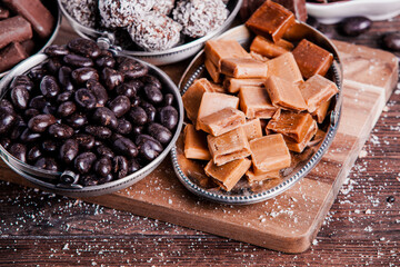 Assortment of delicious chocolate candies background. Chocolate candy isolated 