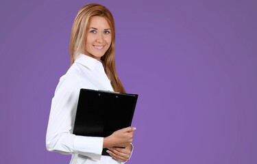 Smiling teacher woman standing looking camera