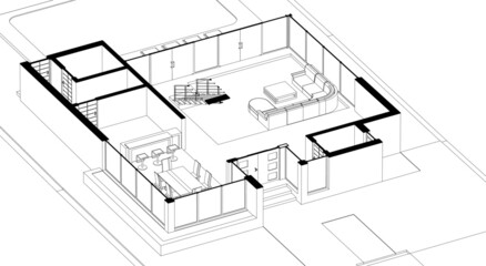 Modern villa architectural project 3d drawing