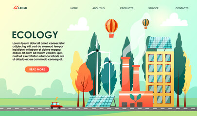 Naklejka premium Environment care design concept. Ecological solution of environment care problem. Use alternative, green, solar power to reduce pollution, save, clean planet Earth air, nature. Vector illustration