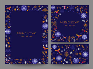 Fototapeta na wymiar Christmas greeting card templates,dark background.Floral frames with beautiful snowflakes and with place for text.Holiday frame with evergreen fir tree branches, holly berries. Elegant pattern,vector.