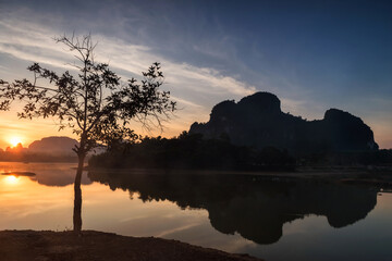 Fototapeta na wymiar Silhouette view of Nong Thale lake at sunrise, Krabi