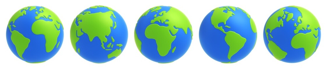 Set of cartoon planet Earth in different views on white background. Earth globe 3d icon set. 3d rendering