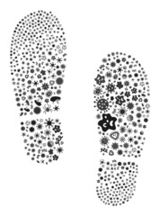 Vector virus boot footprints icon collage of contagious microbes. Boot footprints mosaic is formed of infectious elements, parasites, microbes, spores, contagious agents,
