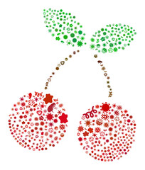 Vector infection cherry icon collage of contagious microbes. Cherry collage is composed of virus elements, parasites, microbes, spores, contagious agents, and based on cherry icon.