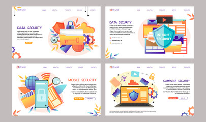 Data security design concept set. Internet data storage guard technology. Digital information protection service. Secure data transmission system. Abstract wireless safe database. Vector illustration.