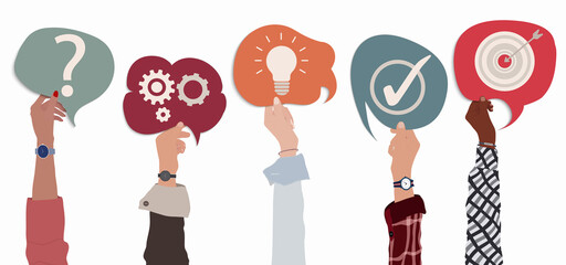 Challenge and choice strategy metaphor for solving problems. Team multiethnic business people with raised arms holding speech bubble in hand with symbolism of solution to problem concept