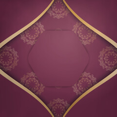 Template Postcard burgundy color with mandala gold ornament prepared for typography.