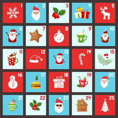 Christmas advent calendar vector with cartoon decortion, winter holiday poster. Festive december illustration