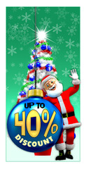 Santa claus Christmas tag announcing discount, 40% off and sale advertisment, customer shop. 3D representation