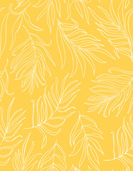 Tropical line art leaves seamless repeat pattern. Random placed, vector botanical herb plant illustration all over surface print on yellow background.