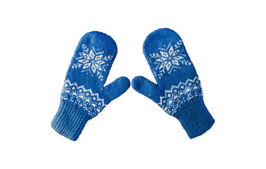 pair of blue knitted mittens with christmas pattern isolated on - 470343619