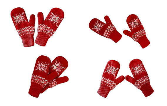 pair of reds knitted mittens with christmas pattern isolated on white background. Collage of different mittens