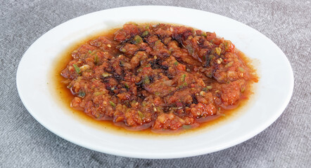Traditional Turkish Appetizer Acili Ezme. Turkish meze Acuka made with fresh tomatoes, green pepper, cucumber and spices. Traditional Turkish Appetizer Acili Ezme served on white plate 