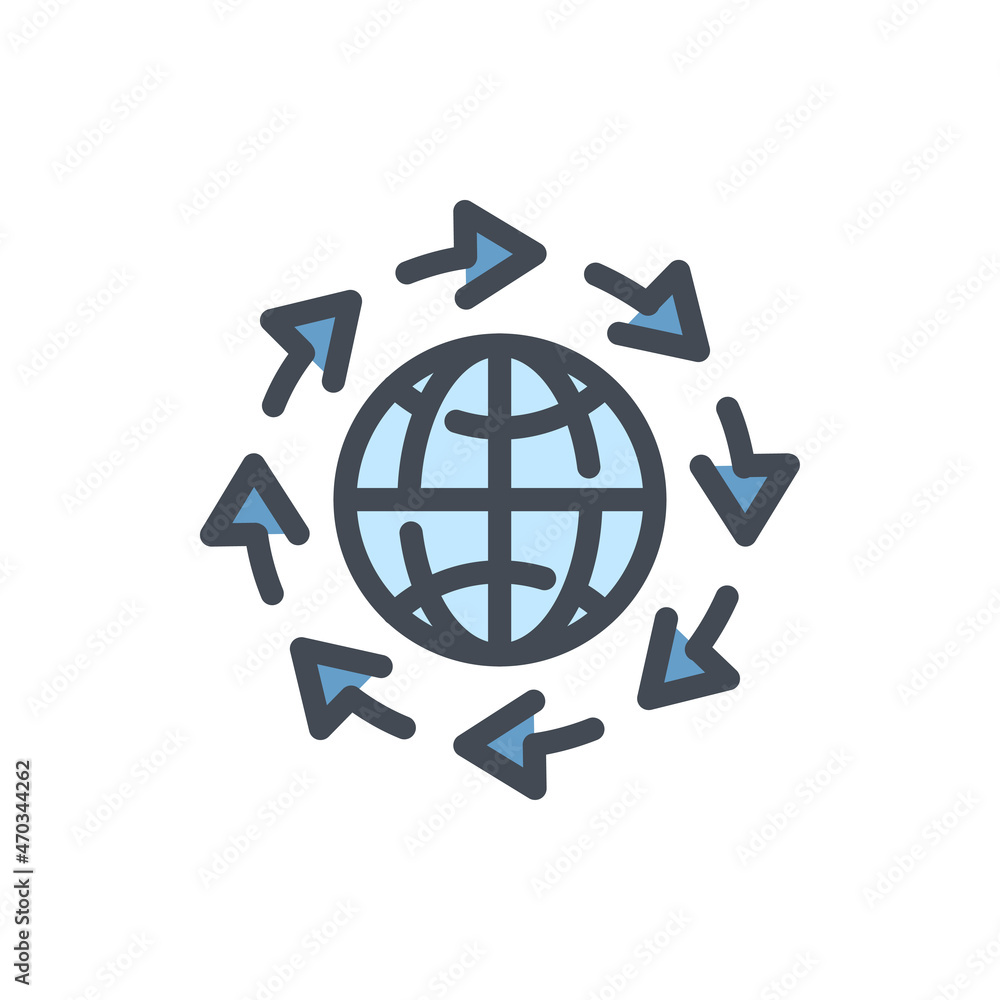 Poster around the world color line icon. planet with arrows around vector outline colorful sign.