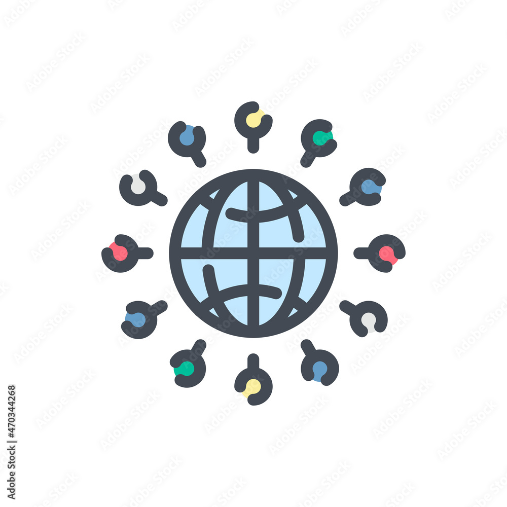 Poster globe connection color line icon. planet with pointers vector outline colorful sign.