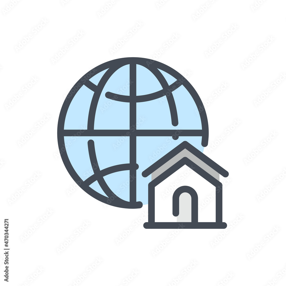 Poster home location color line icon. planet with house building vector outline colorful sign.