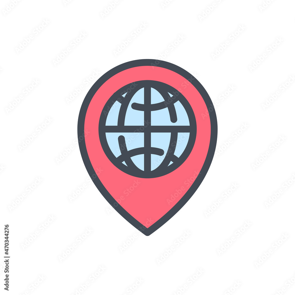 Poster location color line icon. location pin with planet vector outline colorful sign.